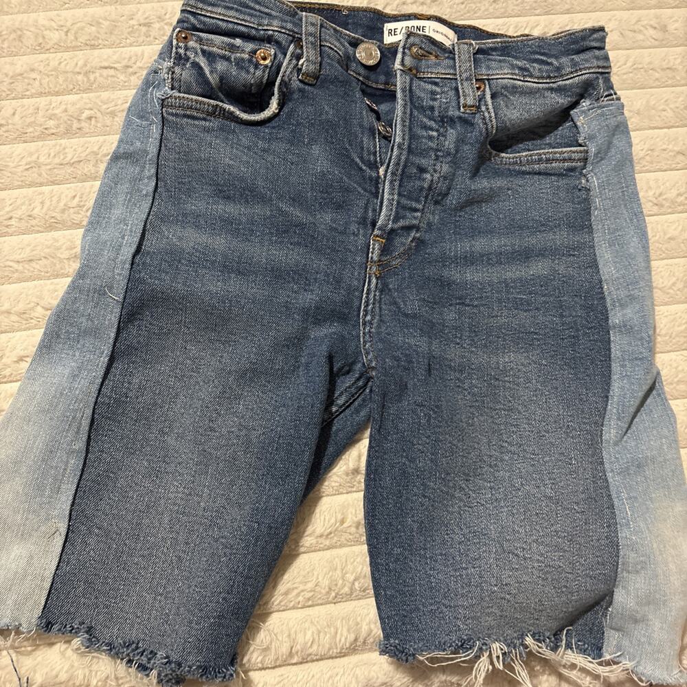 RE/DONE Originals Women’s Denim Shorts Size 24 Button Fly Raw Hem Two Tone Panel
